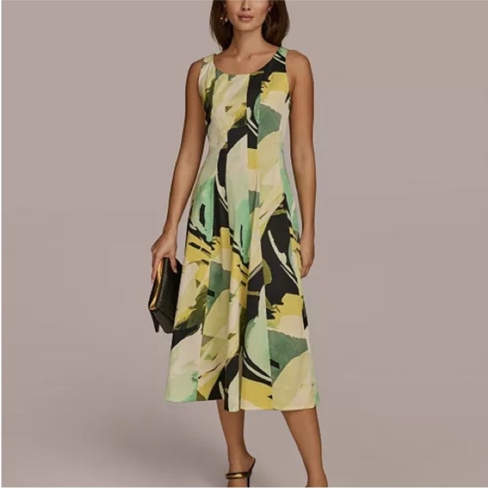 Donna Karan Green and Yellow Midi Dress